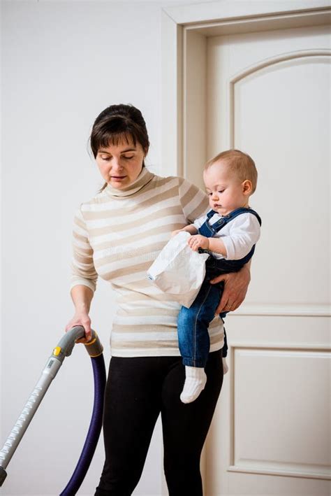 Cleaning Home Mother With Baby Stock Image Image Of House Child