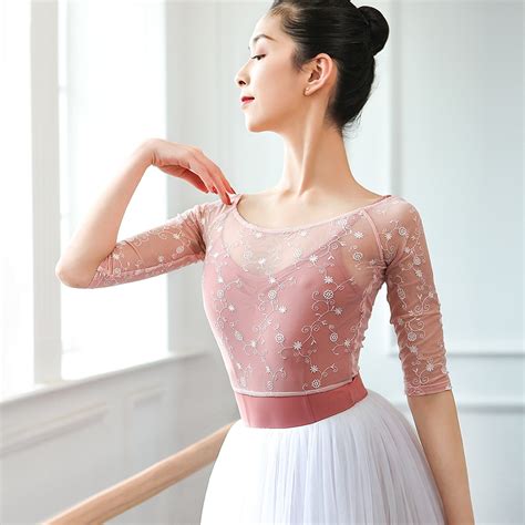 women crop top lace dance tops embroidery mesh ballet t shirt ballerina dancewear half sleeve