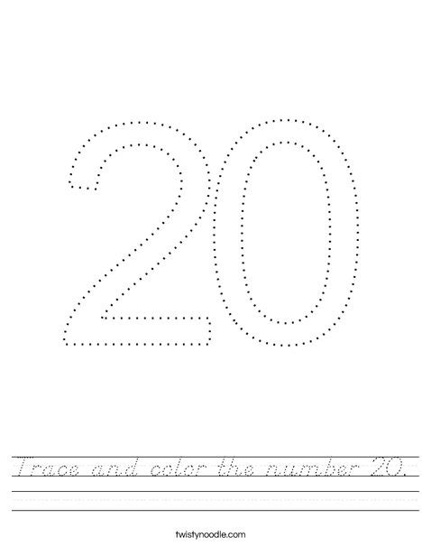 Trace And Color The Number 20 Worksheet Dnealian Twisty Noodle