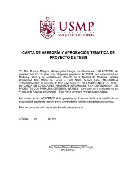 Carta De AsesorÍa Y AprobaciÓn Tematica De Proyecto De Tesis Medicina