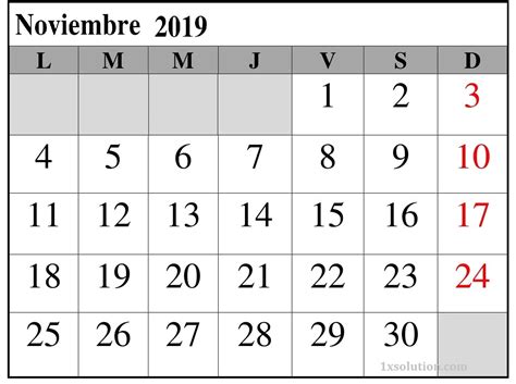 Mes Calendario Noviembre 2019 Para Imprimir Calendar