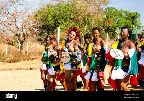 women in traditional costumes marching at the umhlanga aka reed dance ceremony 01 09 2013