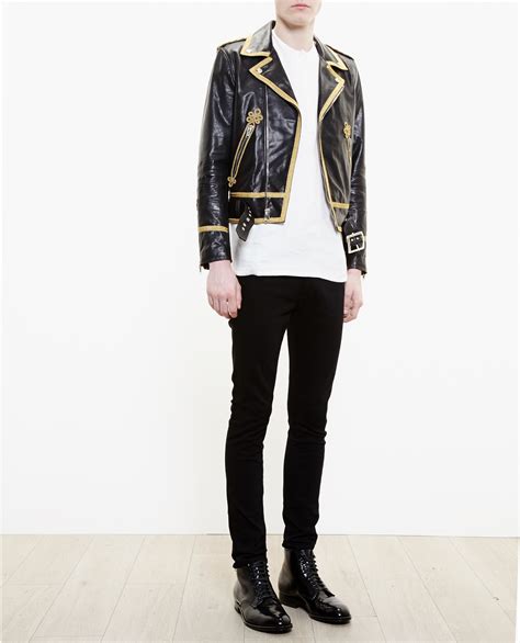 Saint Laurent Leather Jacket With Gold Tone Piping In Black Gold