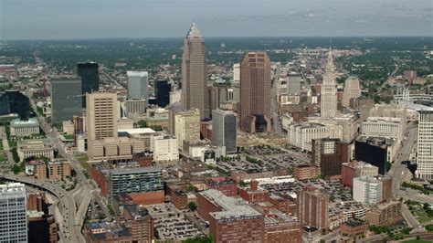48k Stock Footage Aerial Video Passing Downtown Cleveland Skyscrapers