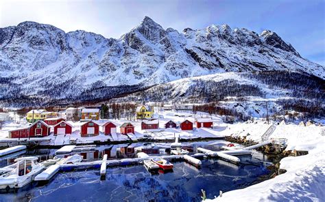 Norway Mountains Houses Winter Snow Marina Landscape Wallpaper