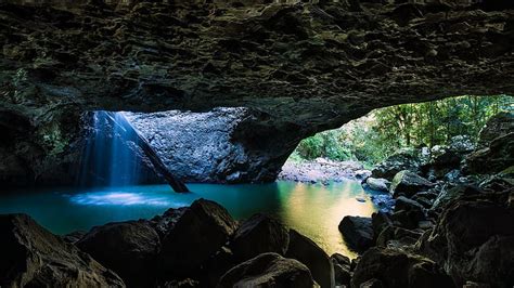 Hd Wallpaper Landscape Cave Nature Water Rock Rock Object