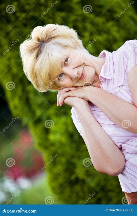Dreaminess Outdoor Portrait Of Pensive Granny Stock Photo Image Of Peaceful Happy