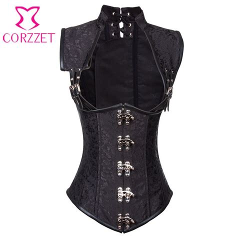 black leather collared brocade steampunk corset underbust vest steel boned waist slimming