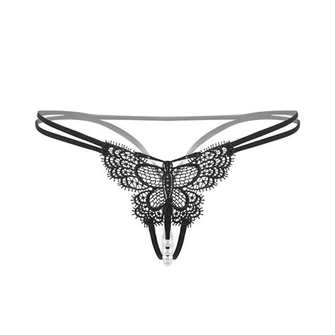 women sexy crotchless pearl thong ladies openwork translucent mesh eyelash lace butterfly shape