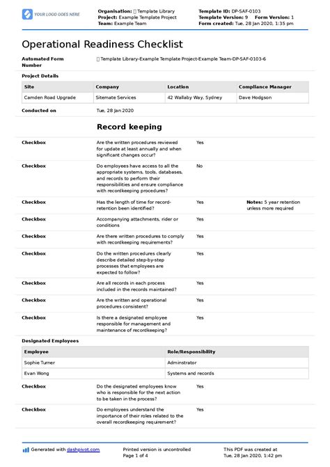 Operational Readiness Template Plan Checklist And Review Use It Free