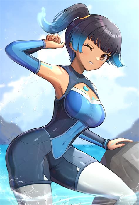 Hentai Nintendo Girl Absurd Res Alluring Arms Up Ass Bare Shoulders Blue Hair Blue Swimsuit
