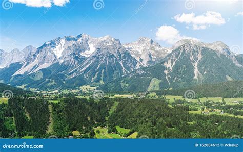 Panoramatic View On Dachstein Am Ramsau Mountains In Alps In Austria