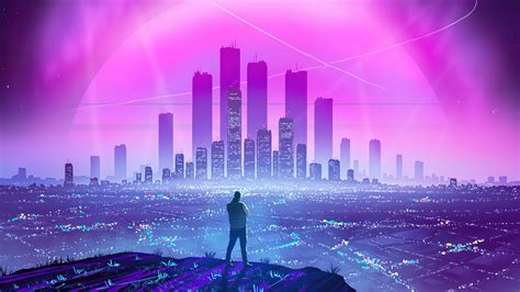 Purple Pink Lights Of Cityscape Synthwave Buildings 4k 5k Hd Vaporwave