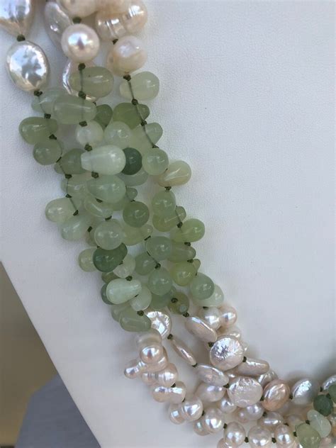 Jade Pearl Necklace Hand Knotted In Green Silk Thread 4 Strands Of