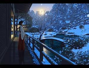 Anime, Girl, Kimono, Winter, Snow, Light, Night, Wallpapers