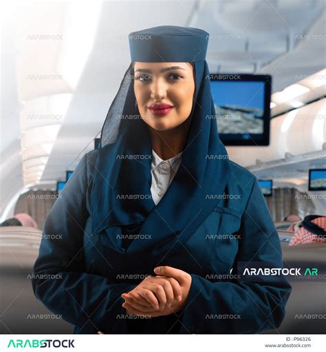 طاقم الطائرة والاستقبال والترحيب بالركاب، مضيفة طيران عربية سعودية خليجية مبتسمة ترتدي زي مضيفات