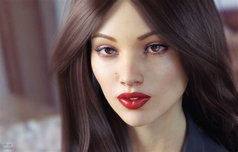 Wallpaper Look Girl Face Rendering Hair Lipstick Brown Eyes