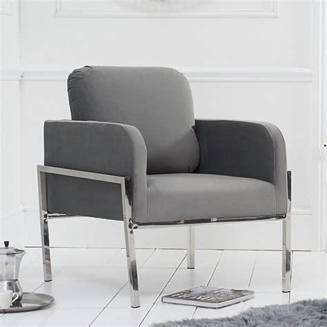 Avrob Velvet Accent Chair In Grey With Silver Chrome Legs Furniture