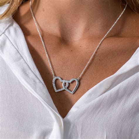 Engraved Double Heart Necklace In Sterling Silver Myka