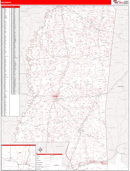 Mississippi Zip Code Wall Map Red Line Style By Marketmaps