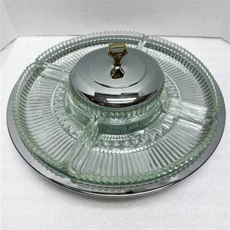 VINTAGE KROMEX LAZY Susan Chrome Glass Divided Serving Tray With Lid