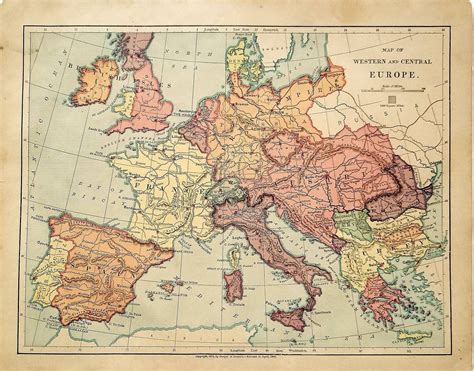Antique 1890 Map Of Europe Map Wall Art Office Decor Vintage