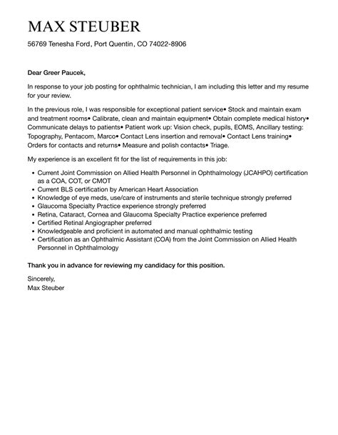 Ophthalmic Technician Cover Letter | Velvet Jobs