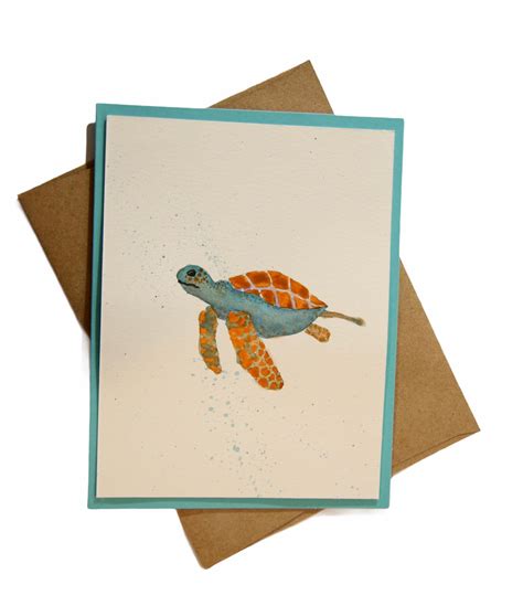 Sea Turtle Card Hand Painted Watercolor Sea Turtle Orange Etsy
