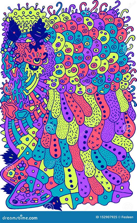 Psychedelic Cartoon Abstract Doodle Ink Line Drawing Colorful Surreal