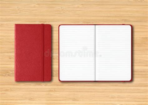 Dark Red Closed And Open Lined Notebooks On Wooden Background Stock