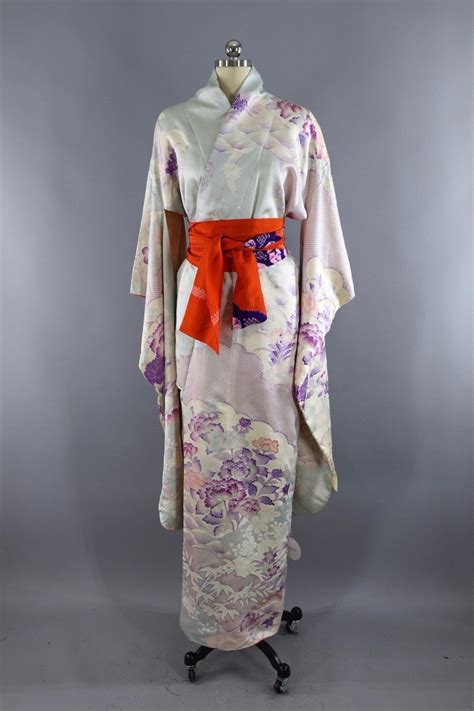 1960s Vintage Silk Kimono Robe In Ice Blue And Lavender Floral