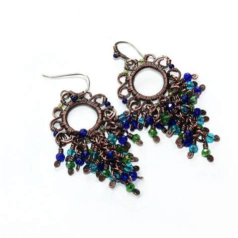 Blue Green Copper Chandelier Earrings Wire Wrapped Boho Etsy Canada