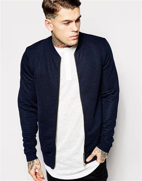 Columbus blue jackets reviews and fanatics.com customer ratings for june 2021. Lyst - Asos Quilted Bomber Jacket In Jersey With Gold Zips in Blue for Men