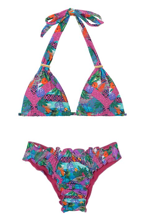 Scrunch Bikini With Halter Top In Pink And Purple Print Rosa Triba Maryssil