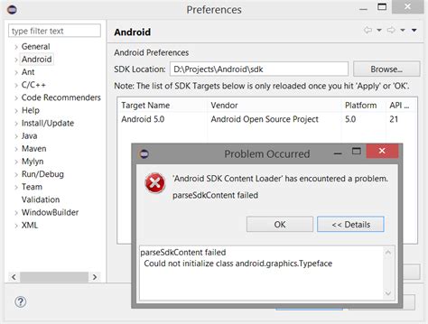 Eclipse Android Sdk Content Loader Has Encountered A Issue