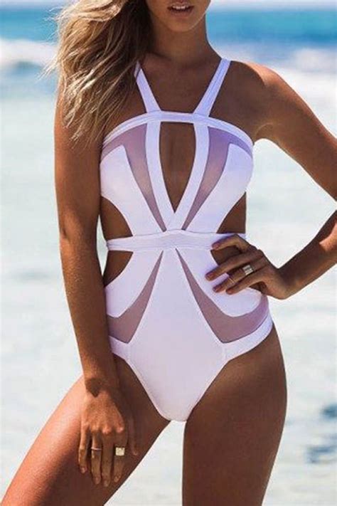 Iyasson Solid Color Mesh Splicing One Piece Swimsuit