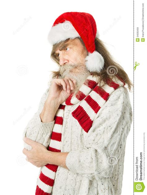 Nadenkende Kerstmis Oude Mens Met Baard In Rode Hoed Santa Claus Stock Afbeelding Image Of