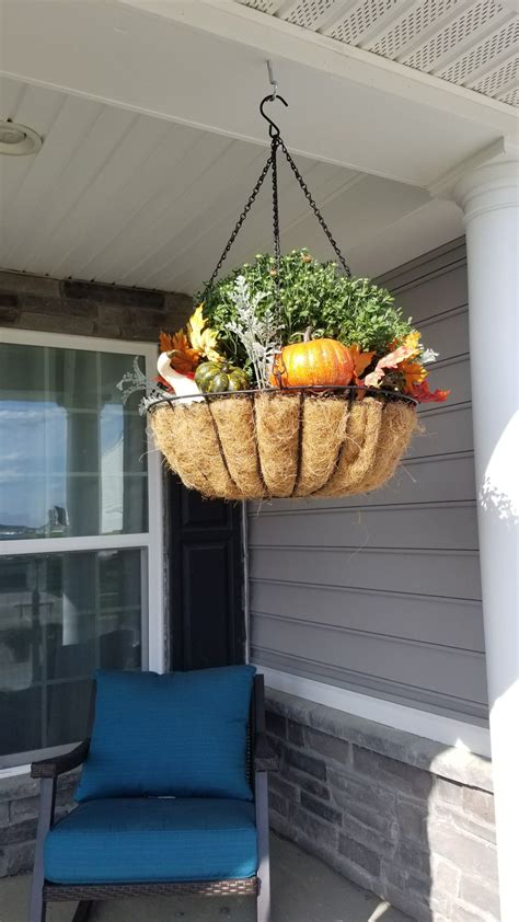 Fall autumn hanging basket mums pumpkins | Fall hanging baskets, Hanging plants, Hanging flower ...