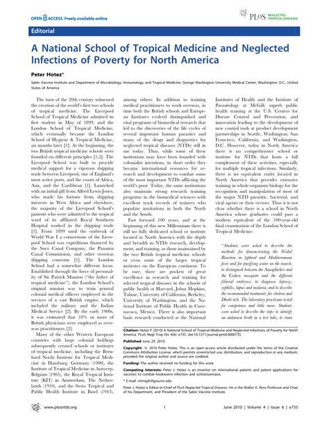 Pdf A National School Of Tropical Medicine And Neglected Infections Of Poverty For North America