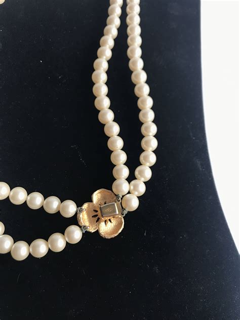 Vintage Heisey Pearl Necklace Double Strand Gold Flower Clasp Adorned