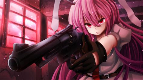 Обои аниме Touhou розовые волосы пистолет девушка картинки на рабочий стол скачать бесплатно