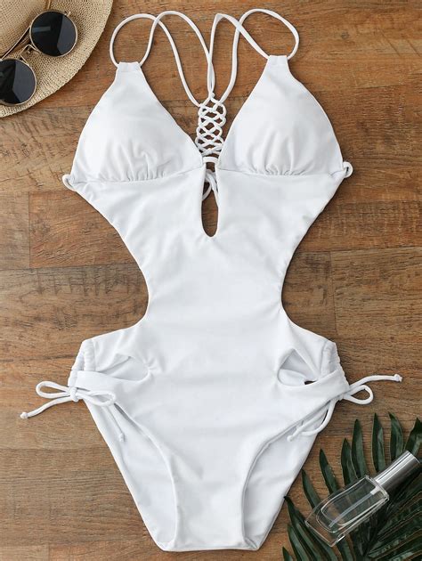 Lace Up Hollow Out Swimwear White 3w22908410 Size M Women Swimsuits Swimwear One Piece