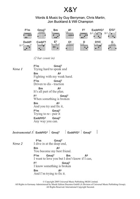 X And Y By Coldplay Guitar Chordslyrics Guitar Instructor