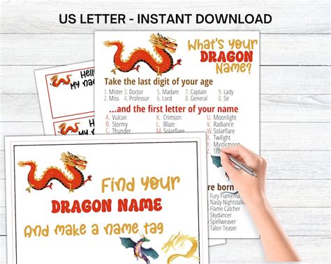 Whats Your Dragon Name Game With Nametags Signdragon Theme Party Game