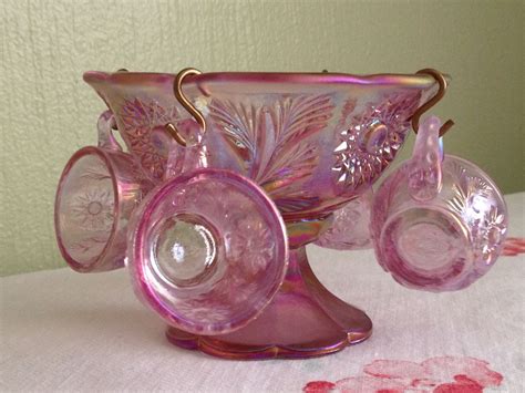 Fenton 5 Empress Rose Iridized Mini Punch Bowl Set Pink Carnival Glass Etsy Carnival Glass