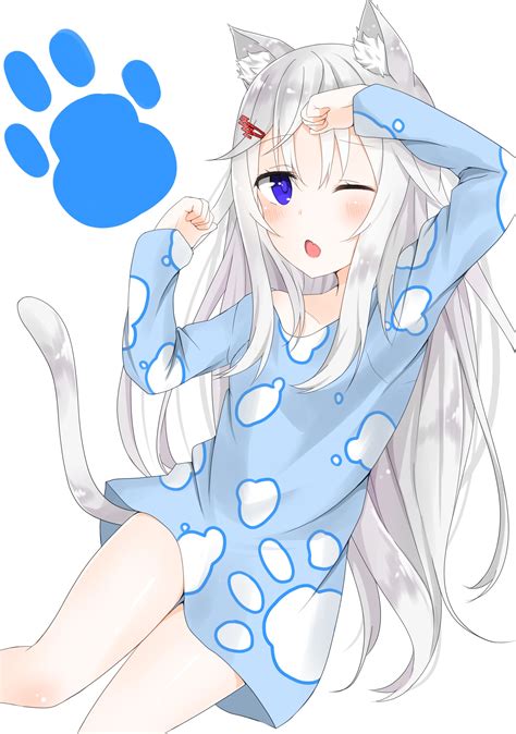 Anime Cat Girl White Hair Blue Eyes