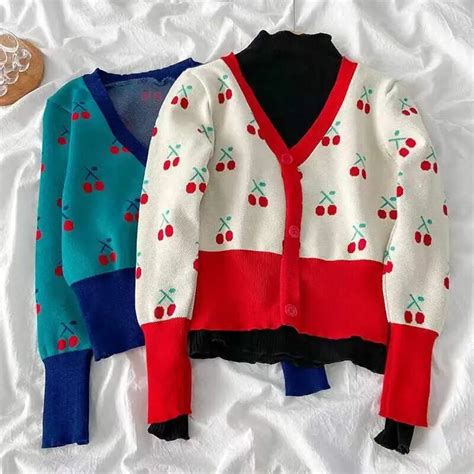 New V Neck Cherry Jacquard Knitted Sweater Women Loose Short Knitted Jumper Korean Cardigan