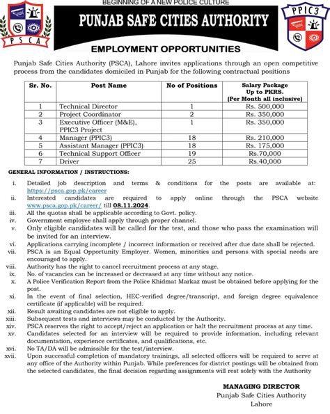 Punjab Safe Cities Authority Psca Lahore Jobs 2024 Jobs Update