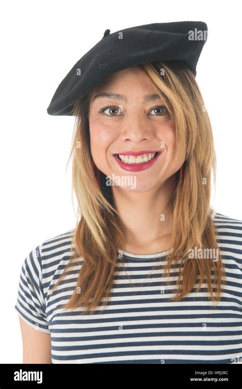 Young French Girl With Typical French Barret And Striped Shirt Isolated Over White Background