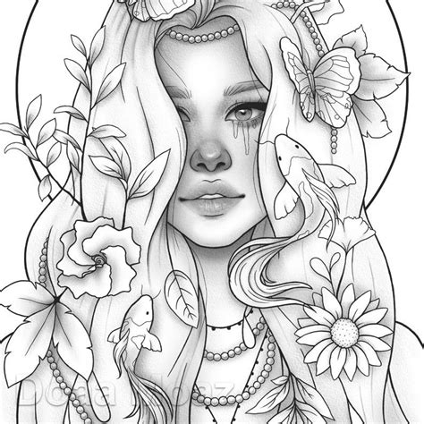 Adult Coloring Page Fantasy Girl Animal Portrait Etsy People Coloring
